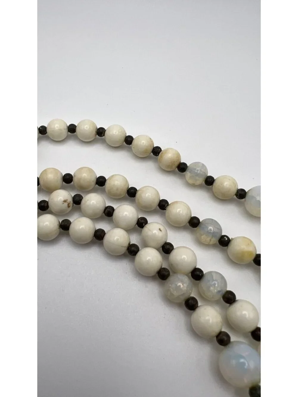 Vintage Multi-Strand White & Opalescent Beaded Necklace With Metal Clasp